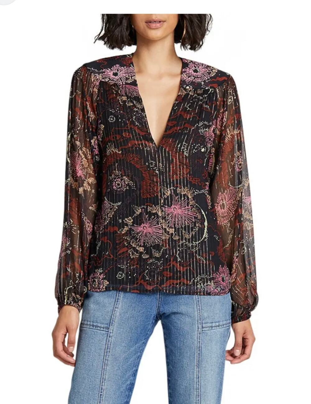 A.L.C. Mac Printed Metallic 97% Silk Blouse Sz 4
